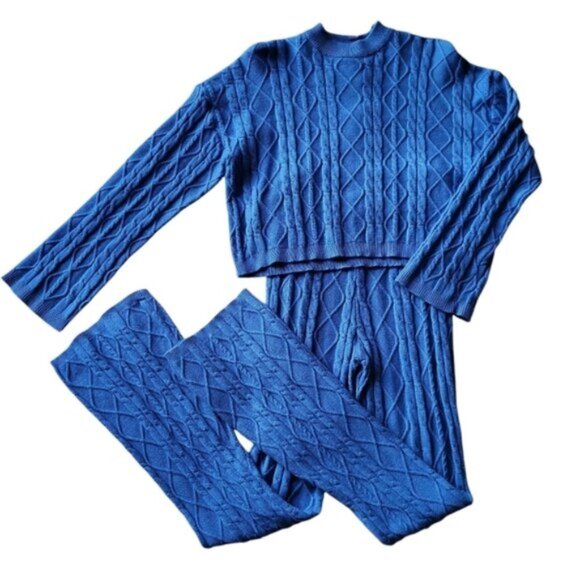 Cable Knit Passion Blue Pantsuit Loungewear Sweater Set Sz S - Picture 1 of 9